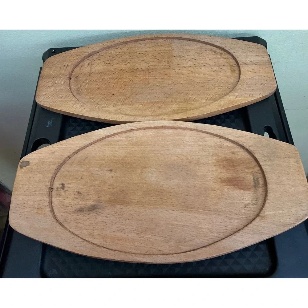 Aluminum Housewares Co Vintage Steak Sizzler Platters Set of 2 Japan Wood Bases
